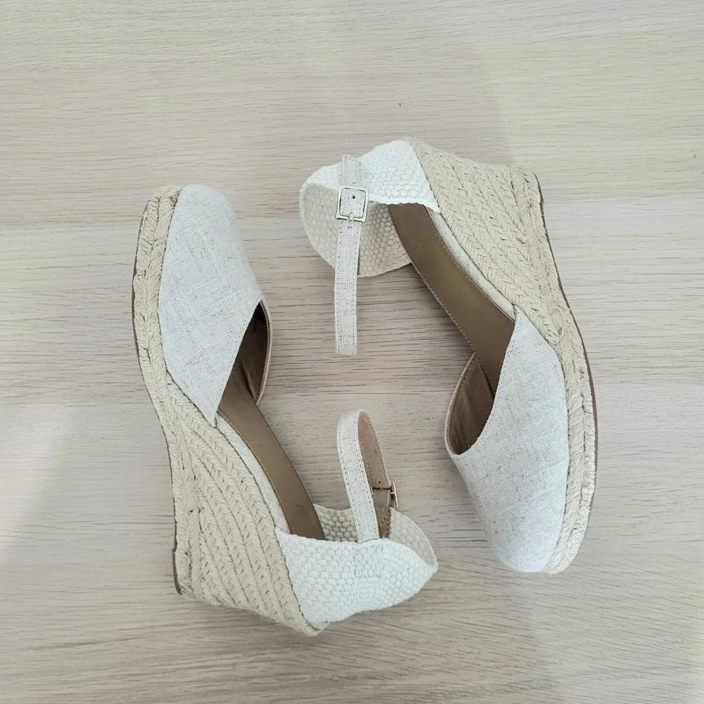 J Crew Espadrille Wedge Sandals Ankle Strap Ivory Cream Heels Jute Buckle 7.5